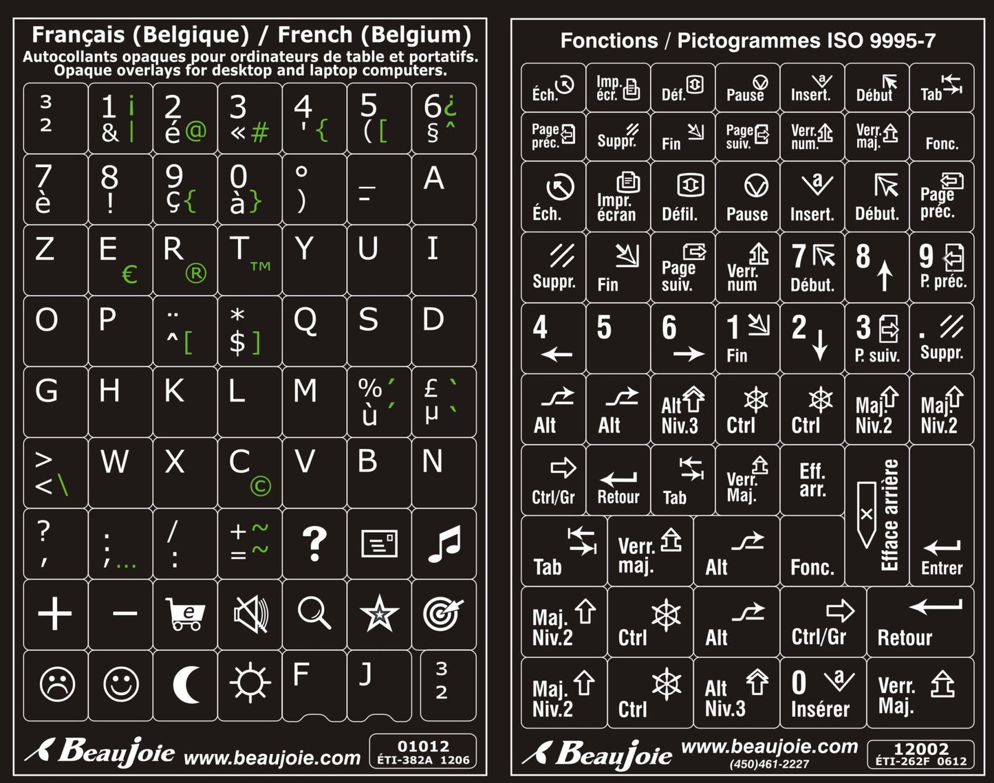 Autocollants clavier complet Windows français (Belgique) fonctions françaises 01012-12002