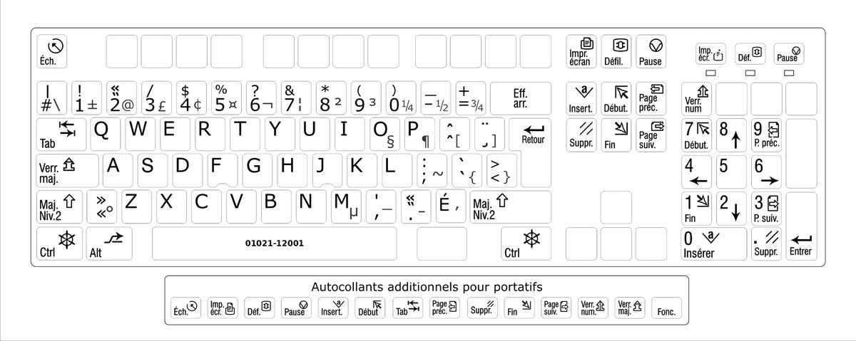 Clavier complet avec autocollants opaques noir sur blanc français (Canada) installés - 01021-12001