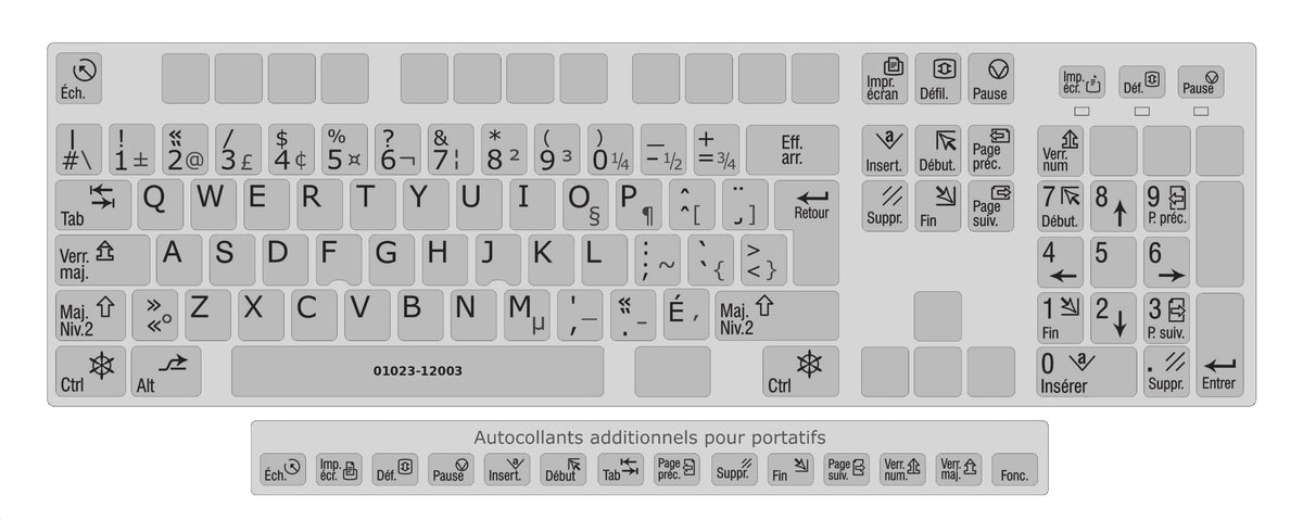 Clavier complet avec autocollants opaques noir sur gris argenté français (Canada) installés - 01023-12003