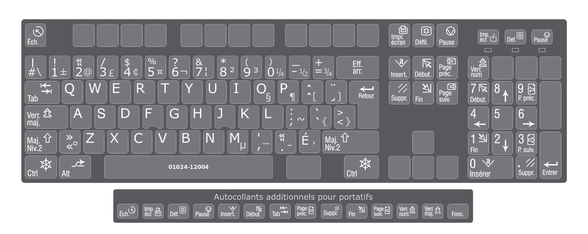 Clavier complet avec autocollants opaques blanc sur gris anthracite français (Canada) installés - 01024-12004