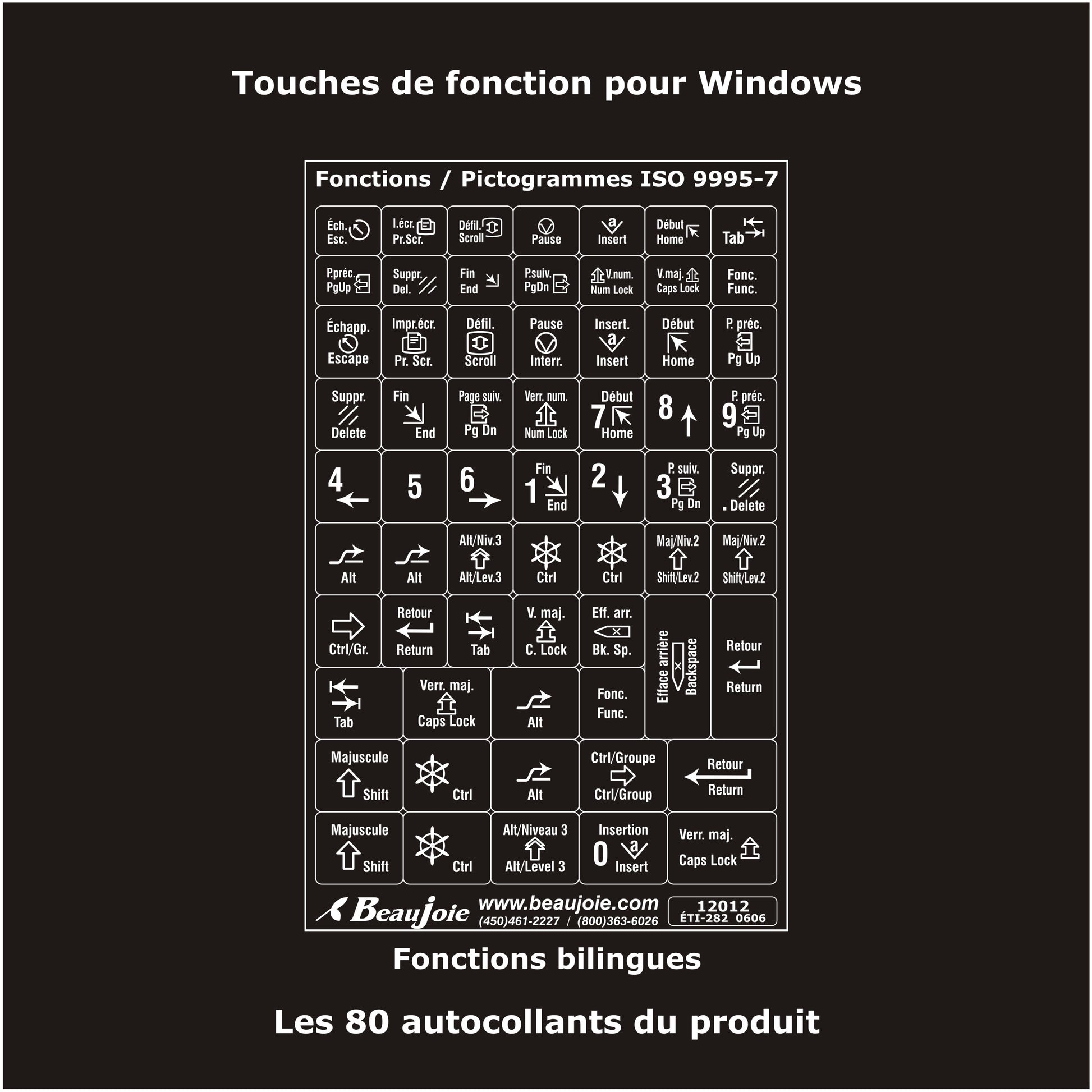 Autocollants Clavier Windows Français (Canada) - Blanc sur Noir